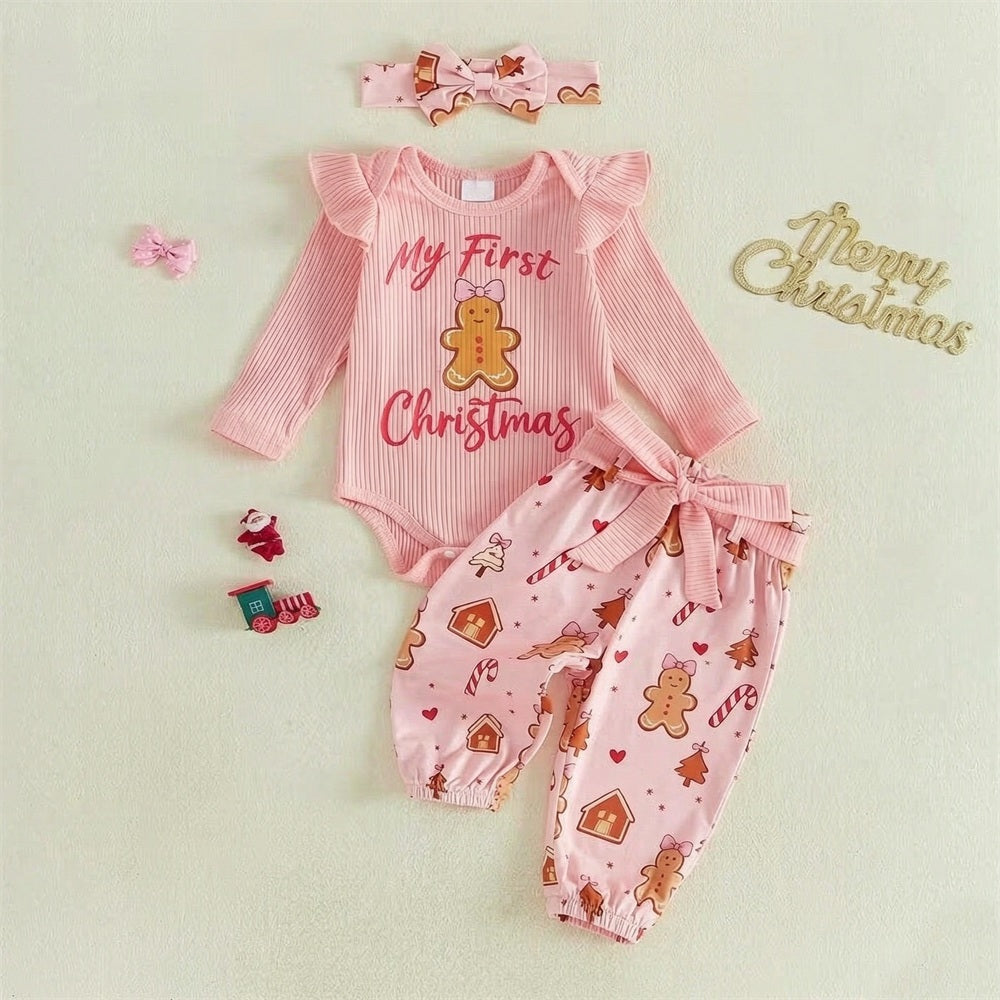 3PCS My First Christmas Letter Gingerbread Print Baby Girl Set