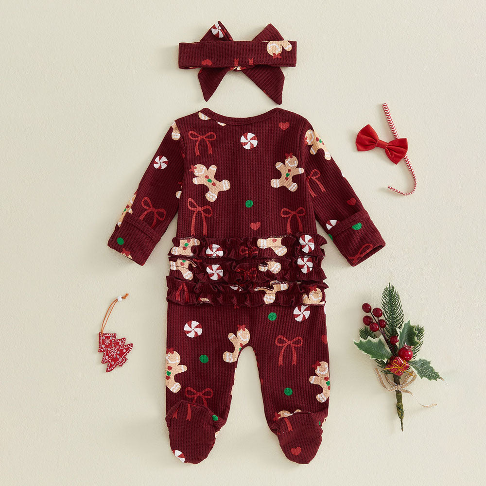 2PCS Cute Christmas Gingerbread Printed Long Sleeve Baby Jumpsuit