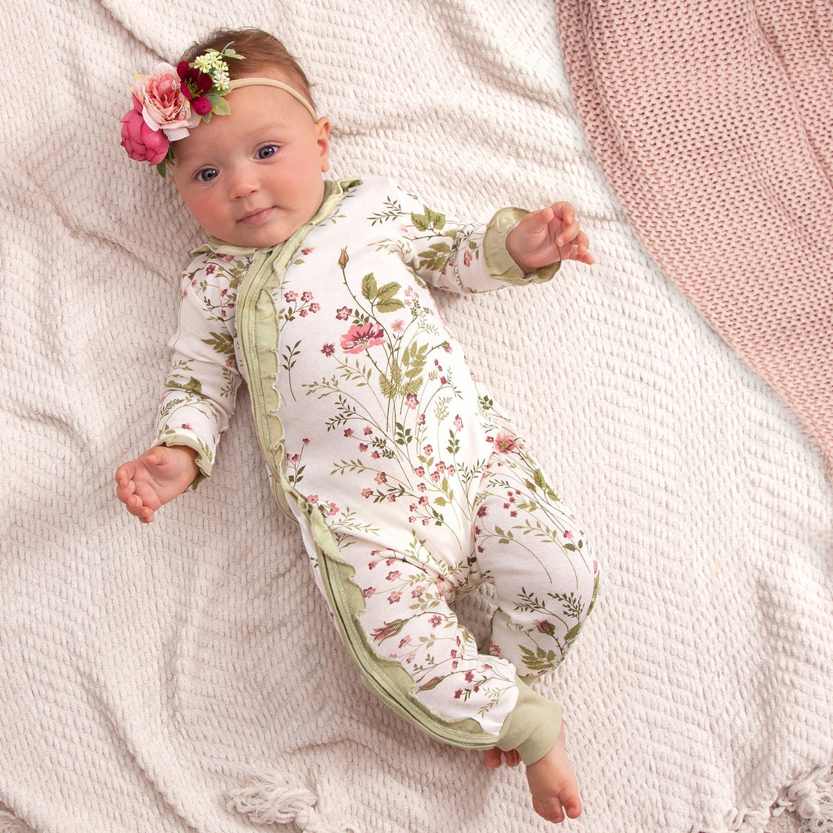 Casual Floral Printed Ruffle Trim Long Sleeve Zipper Baby Jumpsuit