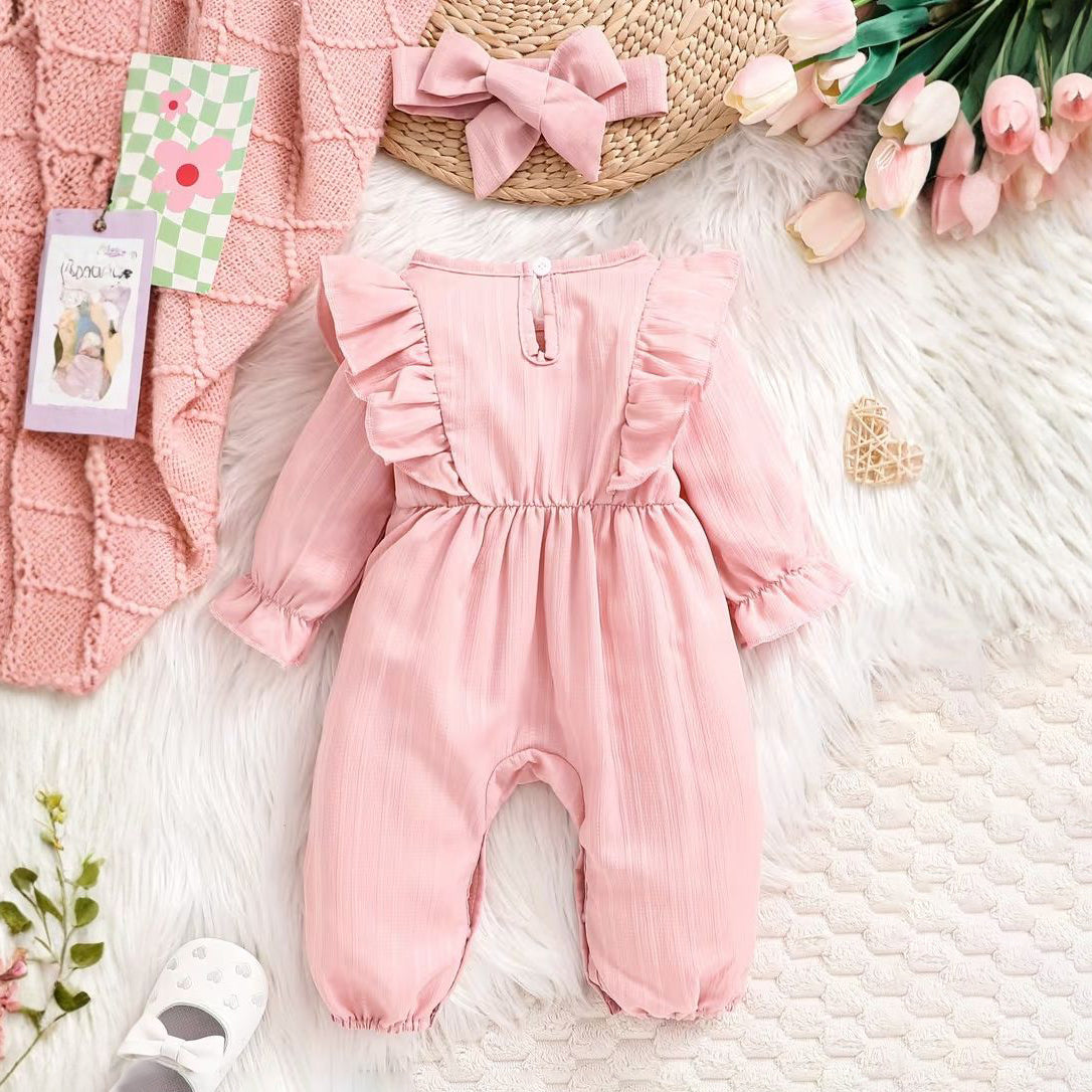 2PCS Sweet Pure Solid Color Long Sleeve Baby Jumpsuit
