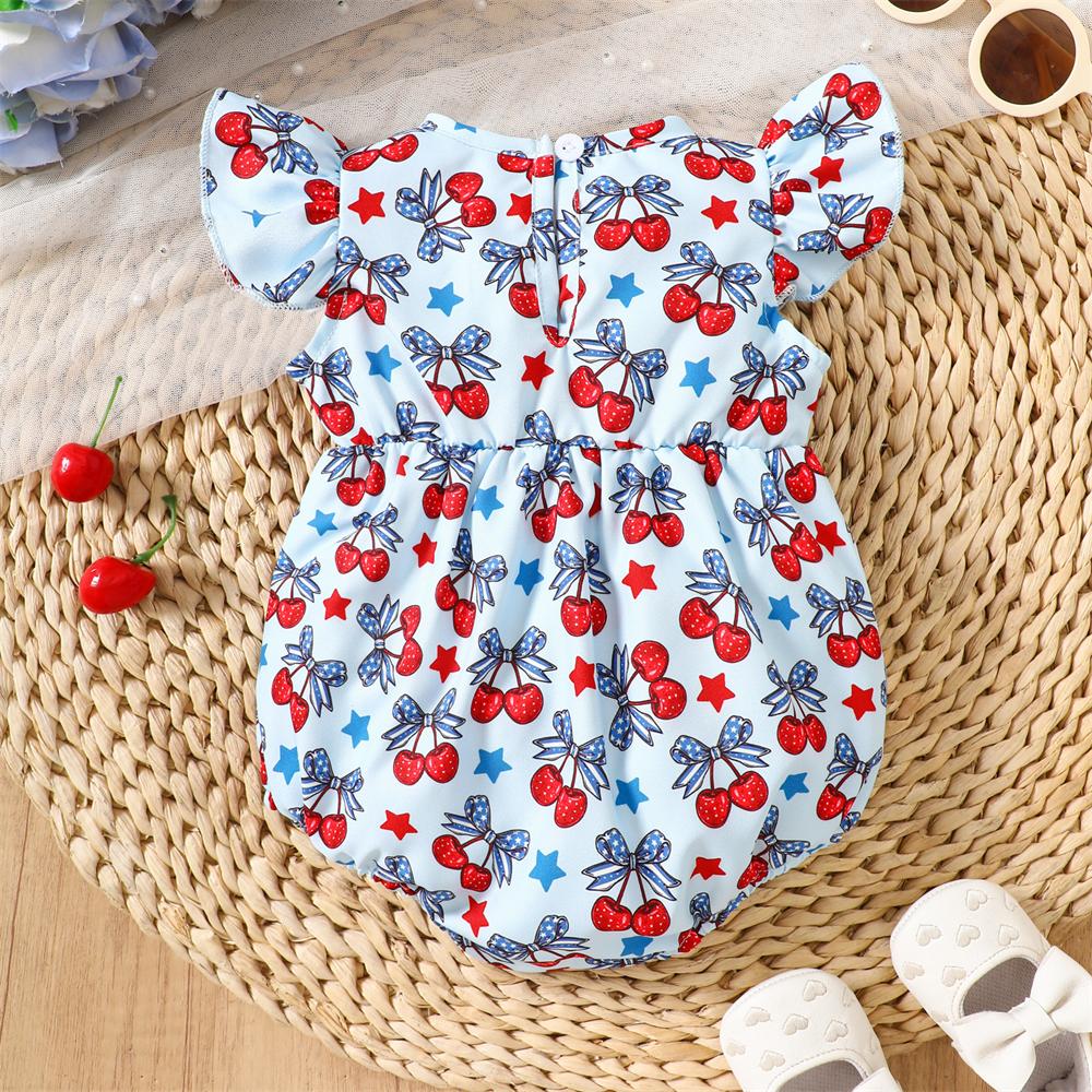Sweet Cherry & Star Print Flutter Sleeve Baby Girl Romper