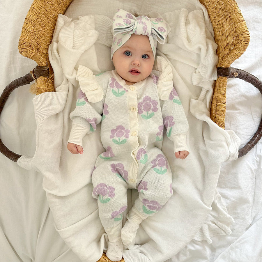 2PCS Floral Printed Knitted Long Sleeve Baby Jumpsuit