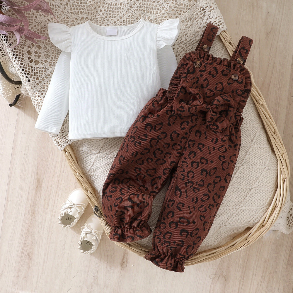 2PCS Chic Baby Girl Leopard Printed Long Sleeve Corduroy Overalls Set