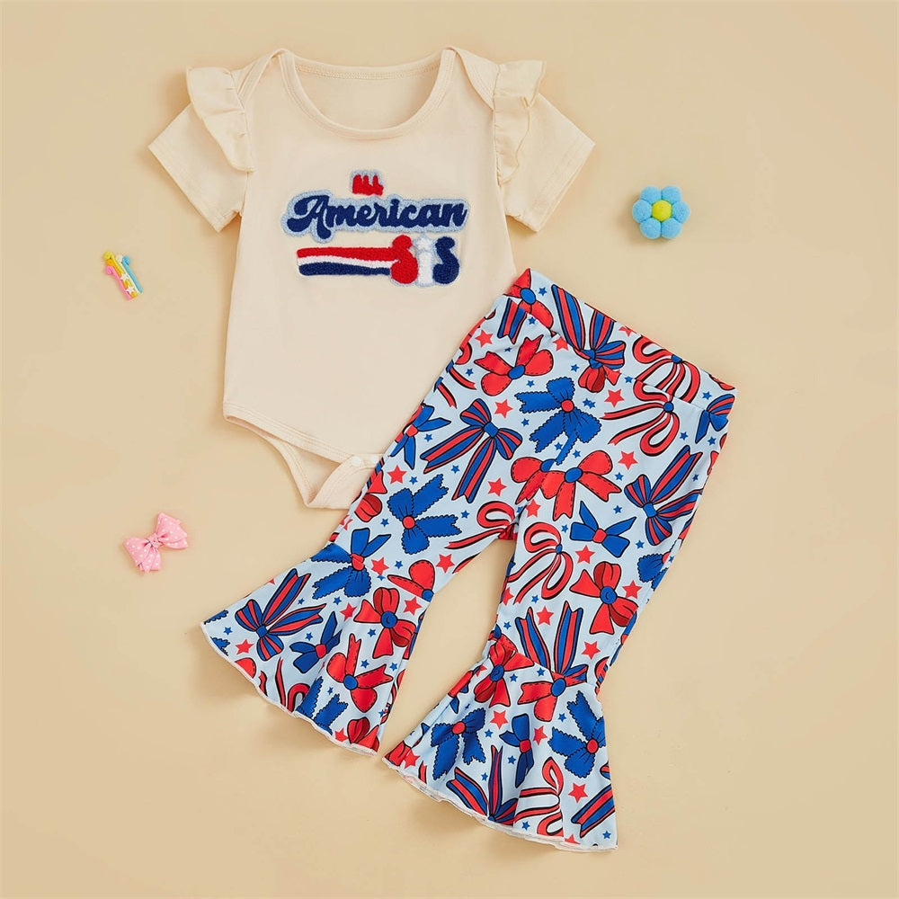 2PCS Letter Embroidery Bow Printed Short Sleeve Baby Set