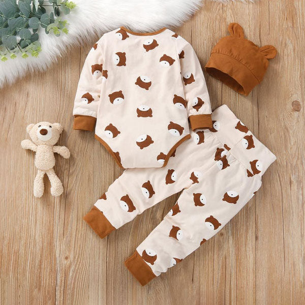3PCS Lively Bear Printed Long Sleeve Baby Set