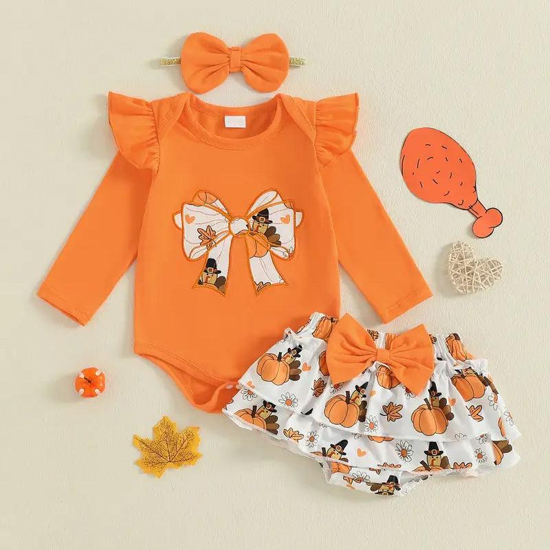 3PCS Halloween Pumpkin Bow Printed Baby Set