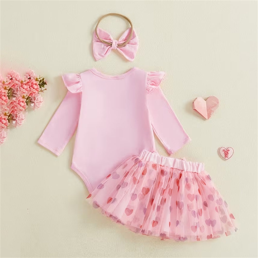 3PCS My 1st Valentine's Day Letter Heart Print Baby Set