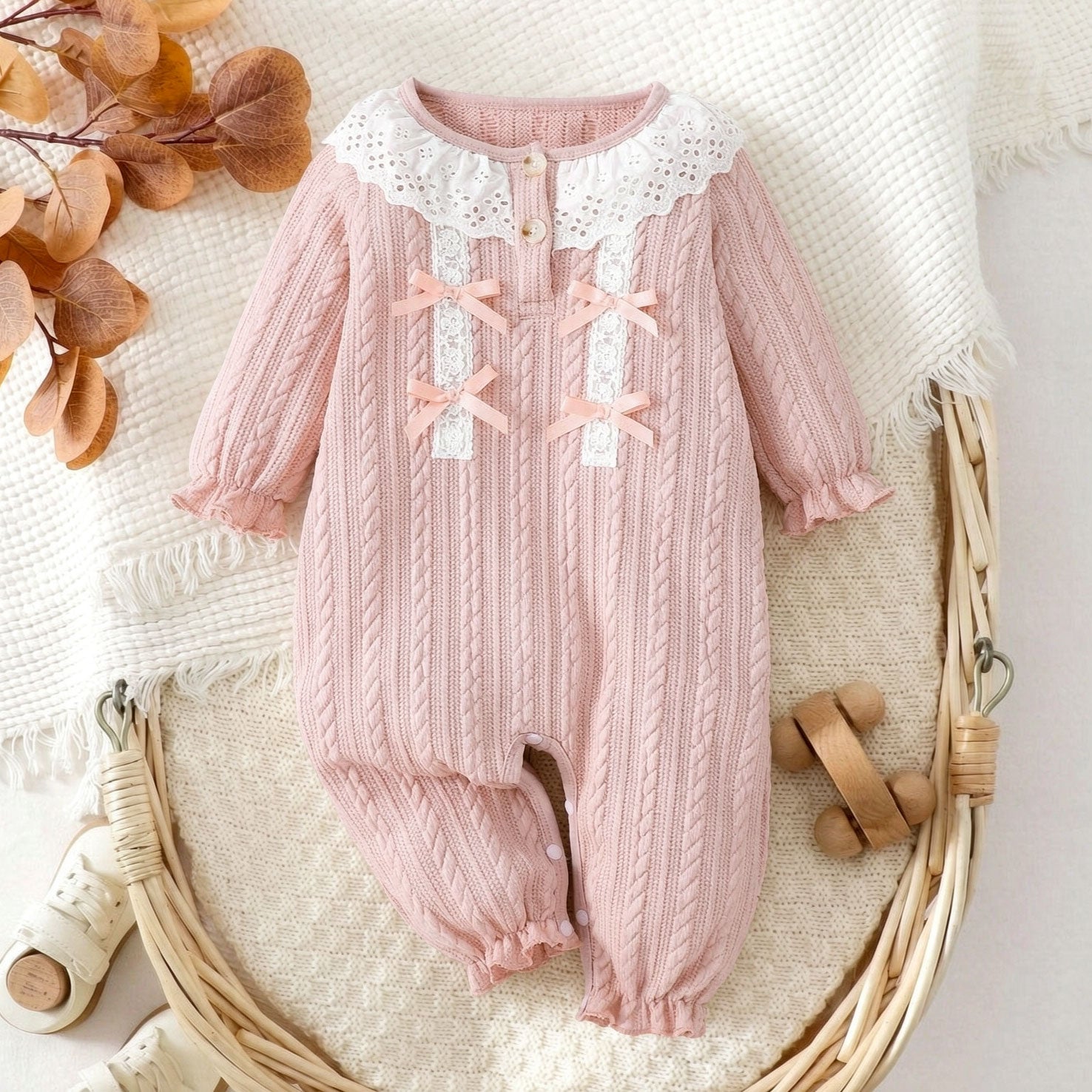 Gorgeous Solid Color Long Sleeve Lace Baby Girl Jumpsuit