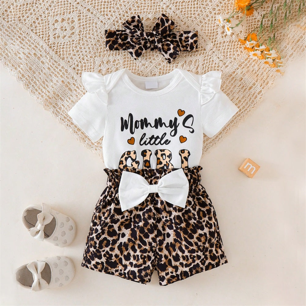 3PCS Mama's Little Girl Letter Printed Leopard Short Sleeve Baby Set