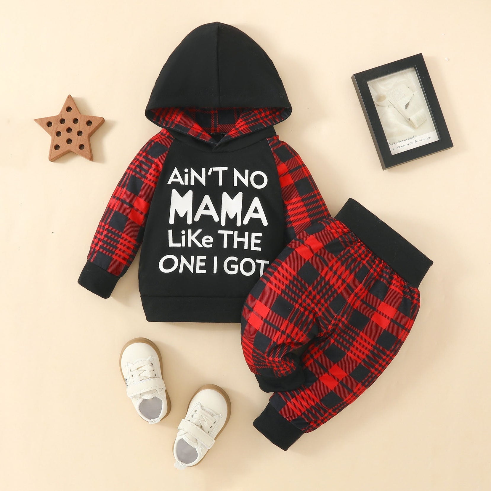 2PCS Ain't No Mama Like The One I Got Letter Plaid Printed Hoodie Baby Set