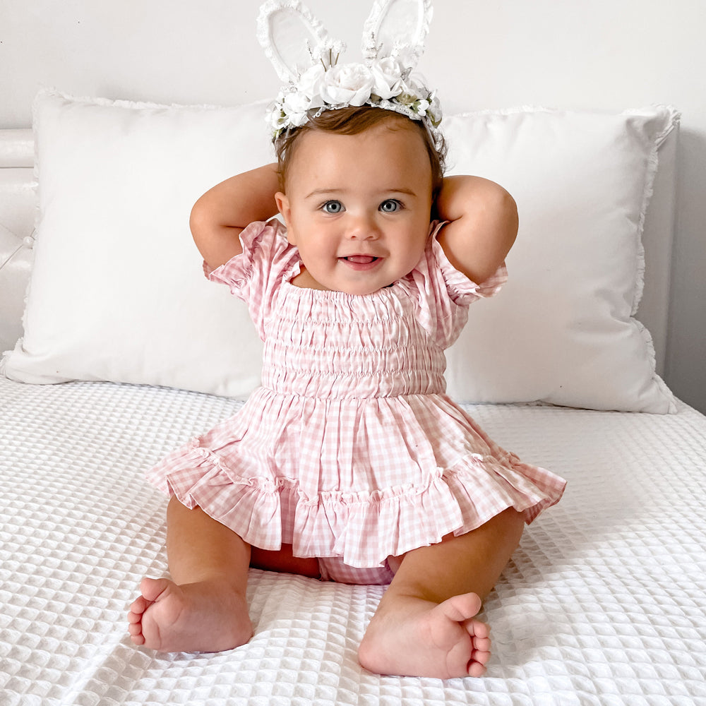 Sweet Pink Gingham Short Sleeve Baby Romper