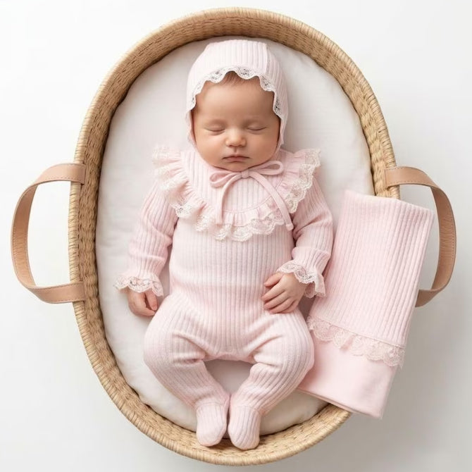 2PCS Lovely Solid Color Knit Lace Trim Long Sleeve Baby Jumpsuit