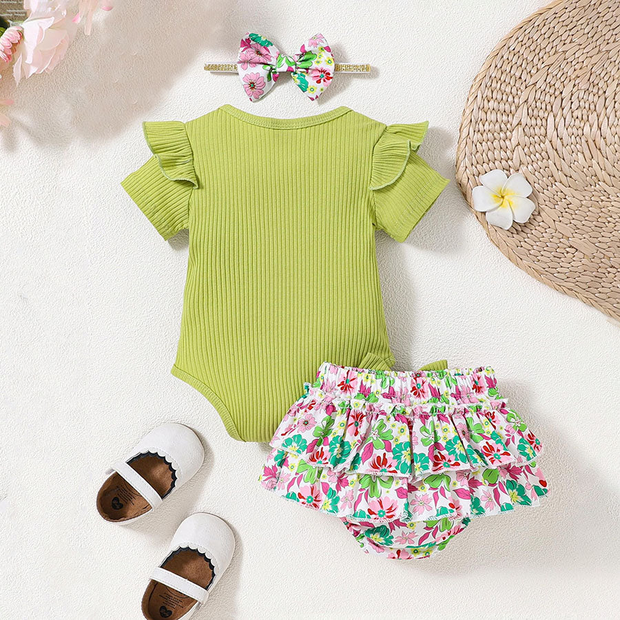 3PCS I Got It From My Mama Letter Floral Printed Short Sleeves Baby Set