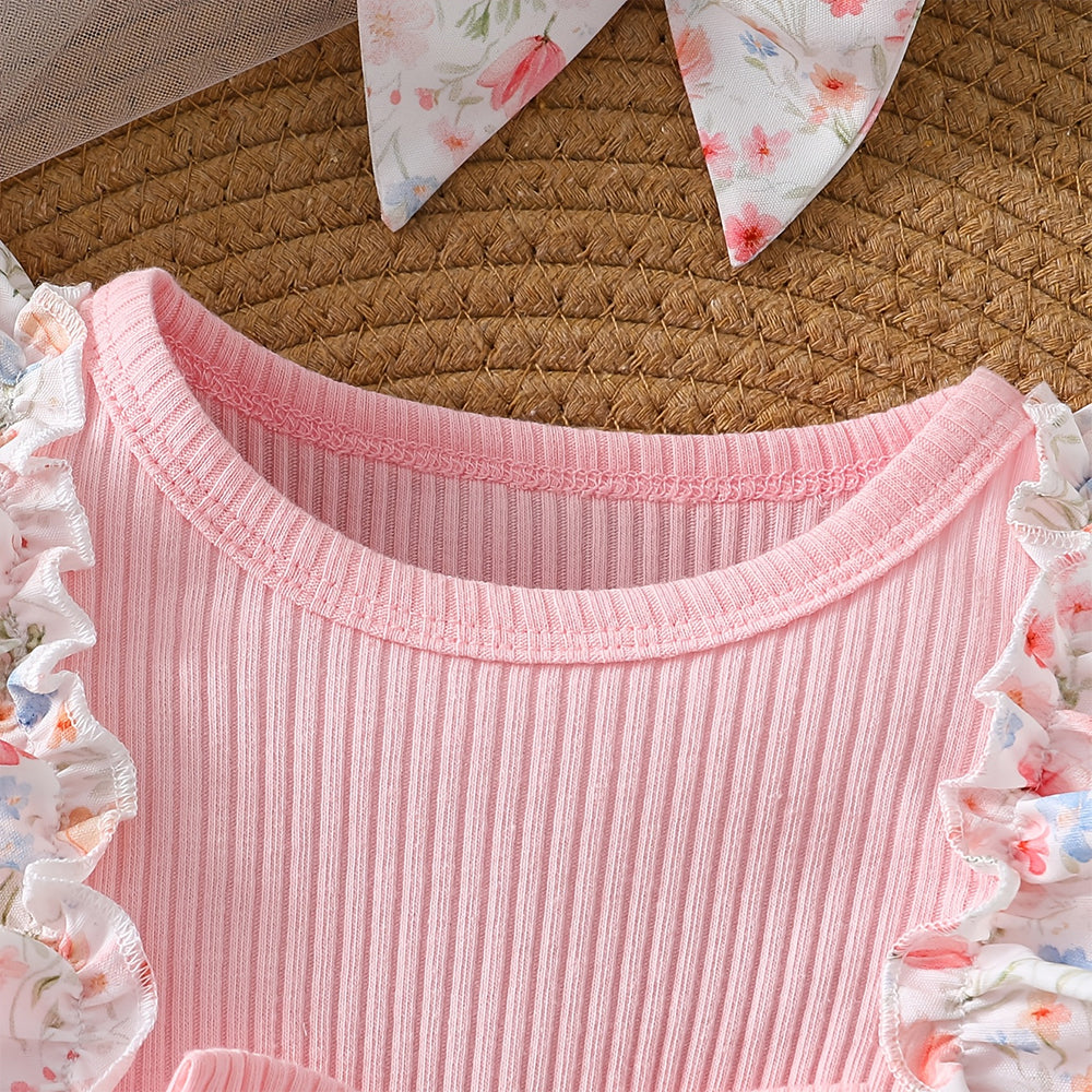 2PCS Pretty Floral Print Bow Short Sleeve Baby Girl Romper
