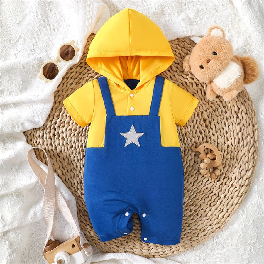 Star Embroidery Short Sleeve Baby Hooded Jumpsuit