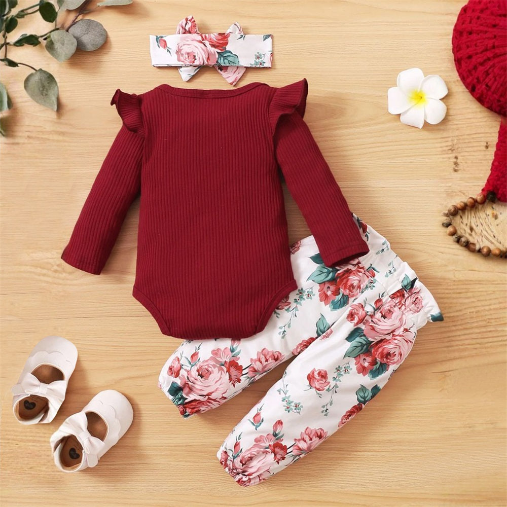 3PCS Mommy's Little Girl Letter Embroidery Floral Print Baby Set