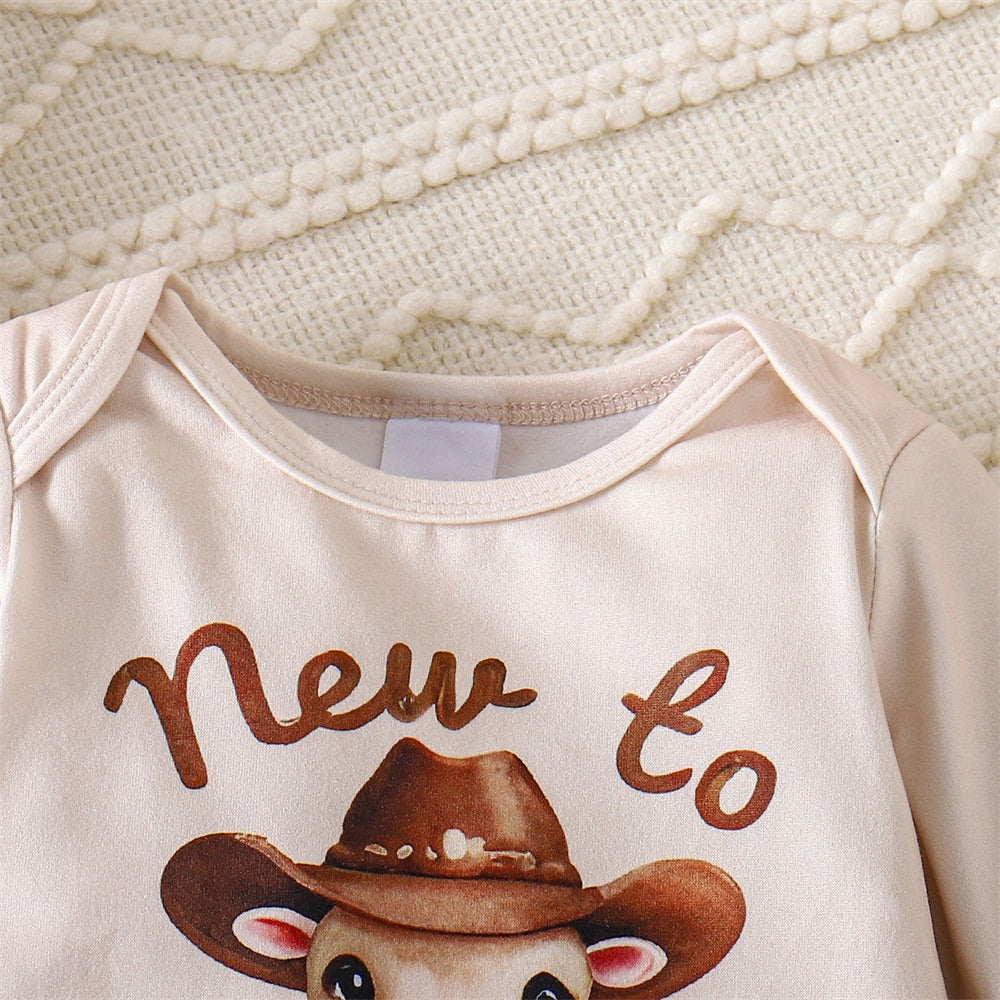 3PCS New To The Herd Letter Cow Print Long Sleeve Baby Set