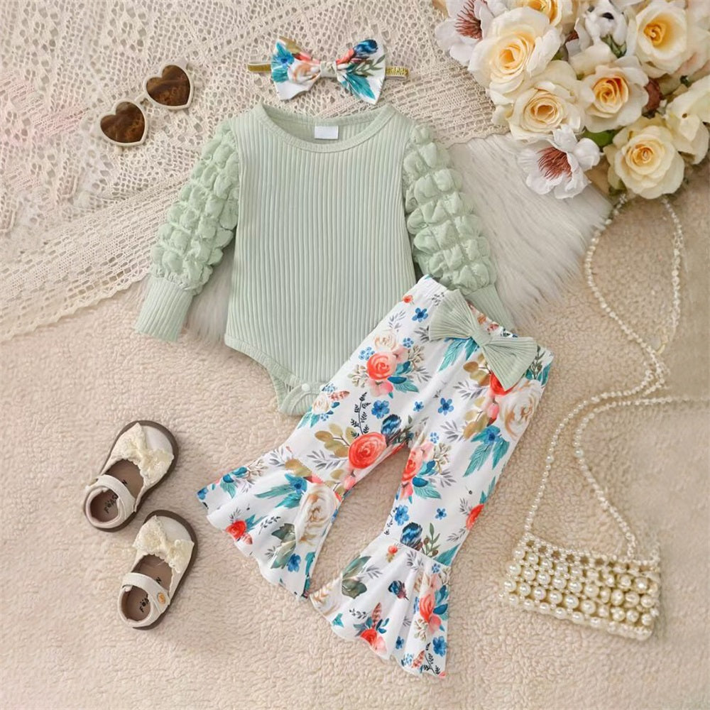 3PCS Stylish Floral Print Ribbed Bubble Sleeve Baby Set