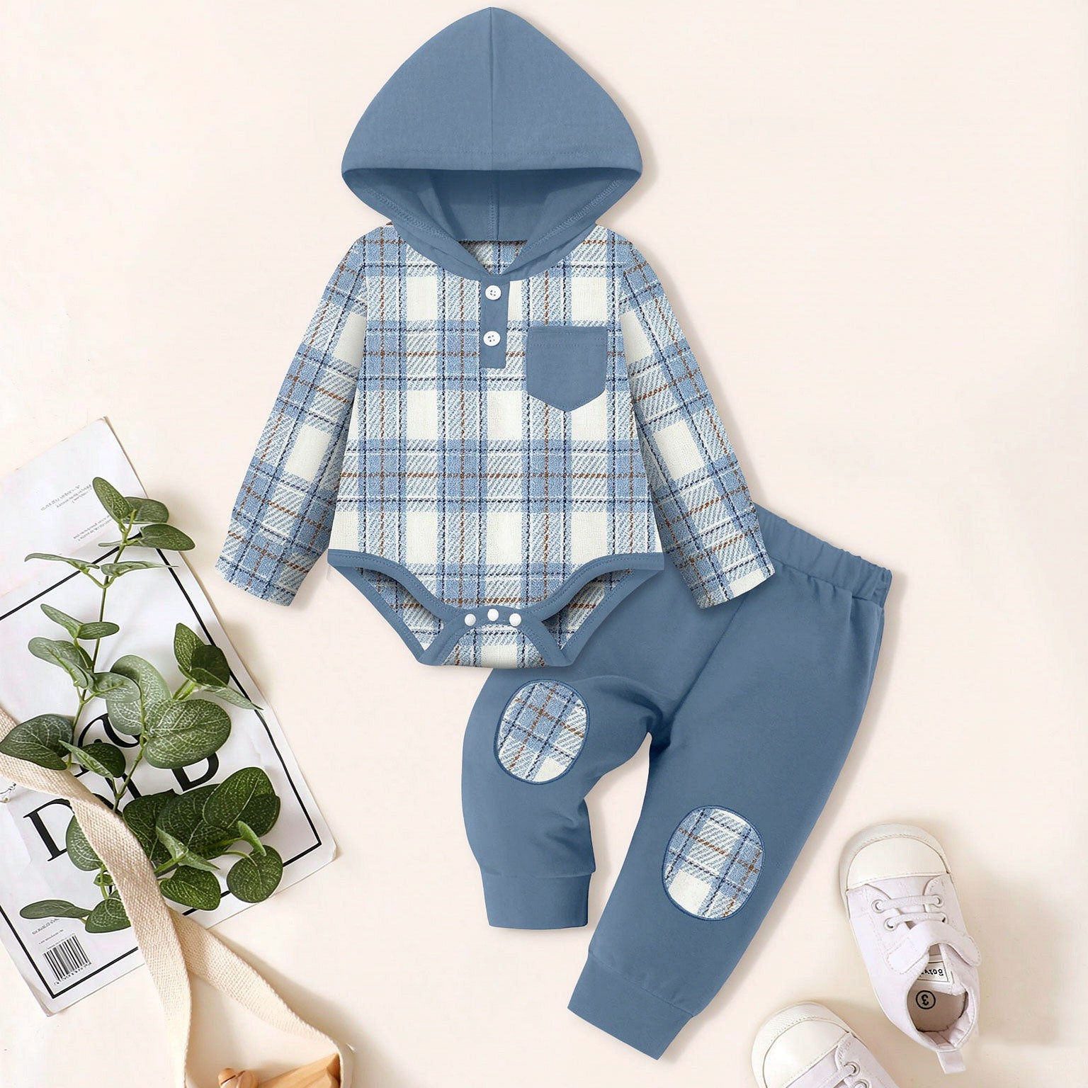 2PCS Casual Plaid Printed Long Sleeve Hoodie Baby Boy Set