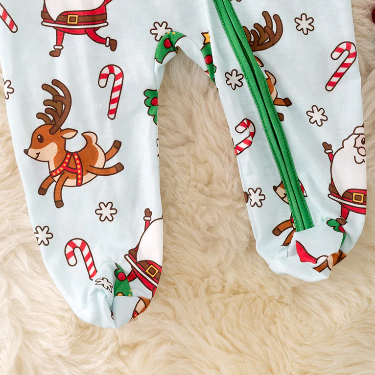 Cute Christmas Elk Santa Claus Printed Zipper Baby Jumpsuit