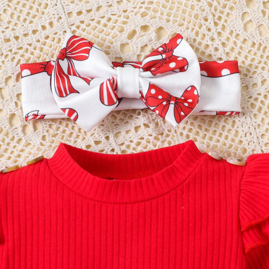 3PCS Christmas Bowknot Printed Baby Romper