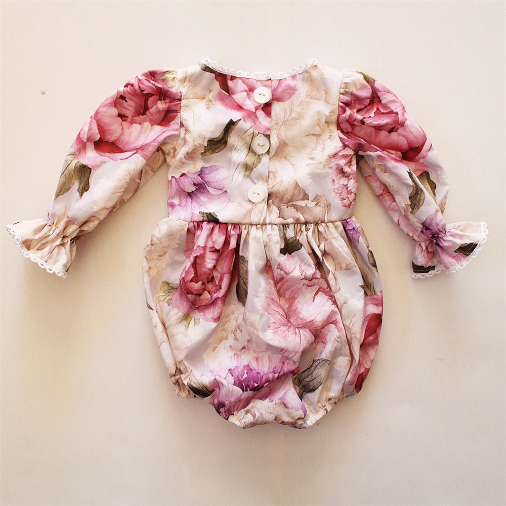 Graceful Floral Print Long Sleeve Baby Girl Romper
