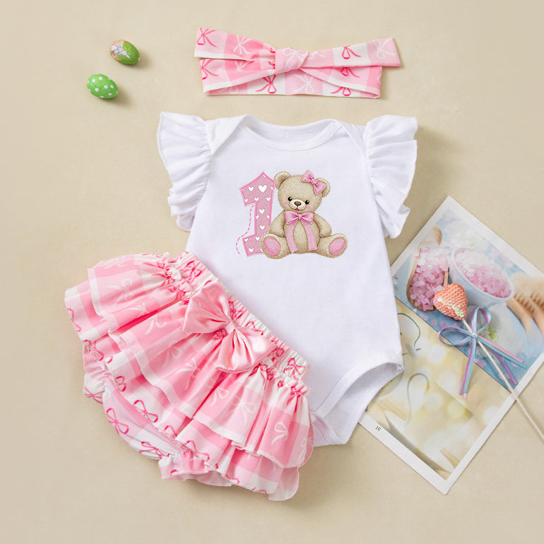 3PCS Sweet Cute Bear Print Sleeveless Baby Girl Set