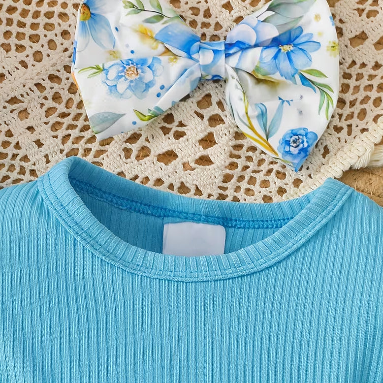2PCS Baby Girl Floral Print Bow Long Sleeve Romper