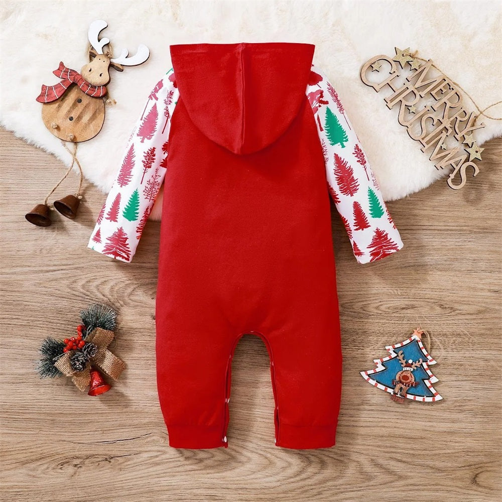 Merry Christmas Letter Print Long Sleeve Baby Hooded Jumpsuit