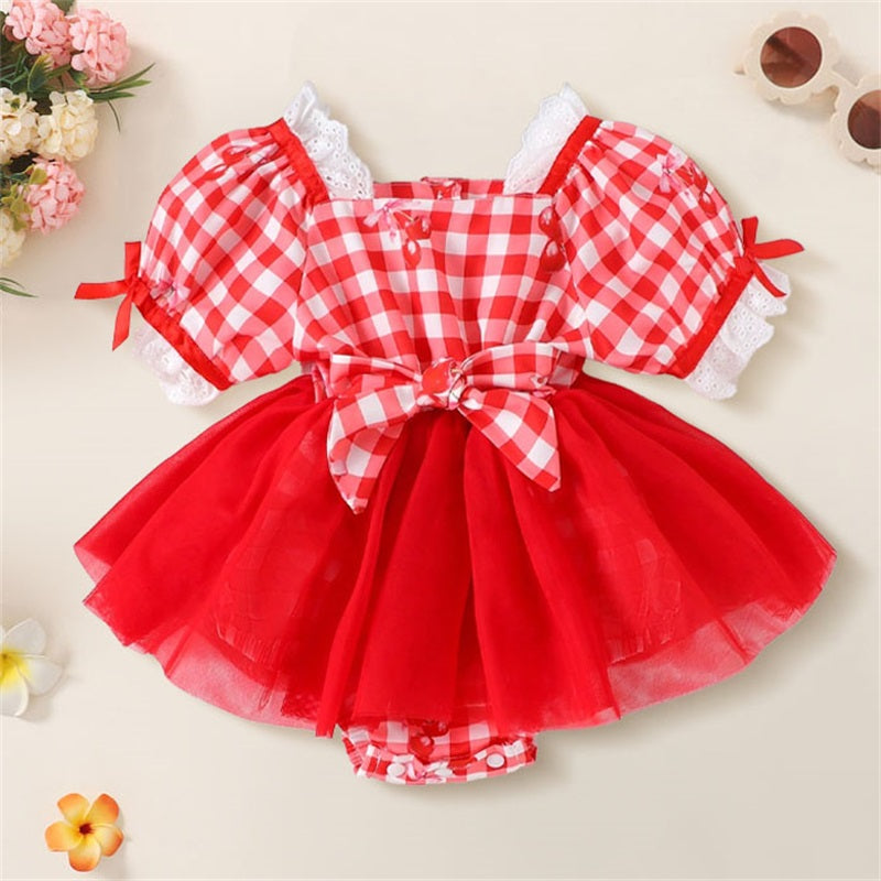 Cute Plaid Printed Short Sleeve Baby Mesh Romper
