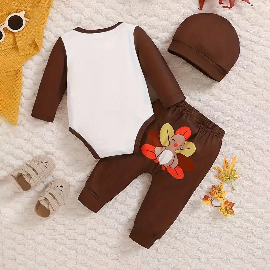 3PCS My First Thanksgiving Lettering Turkey Print Long Sleeve Baby Set
