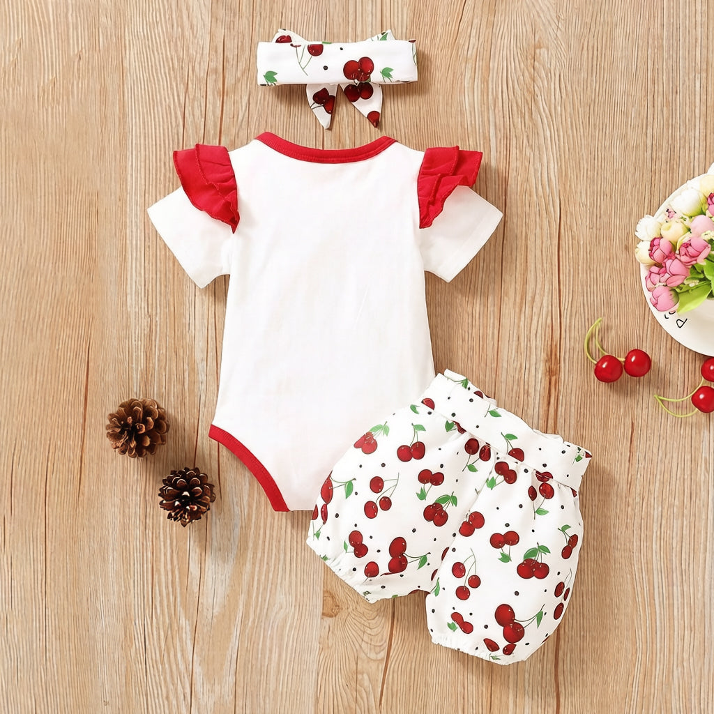 3PCS Adorable Cherry Print Bow Short Sleeve Baby Set
