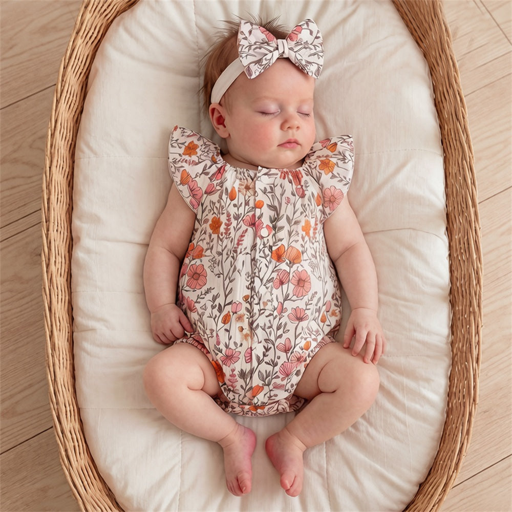 2PCS Adorable Floral Print Flutter Sleeve Baby Romper