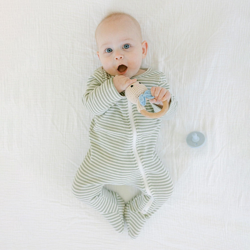Casual Stripe Printed Long Sleeve Ribbed Zipper Baby Jumpsuit