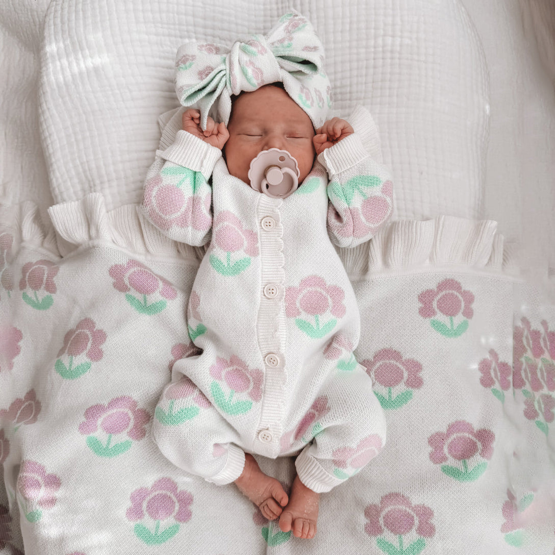 2PCS Floral Printed Knitted Long Sleeve Baby Jumpsuit