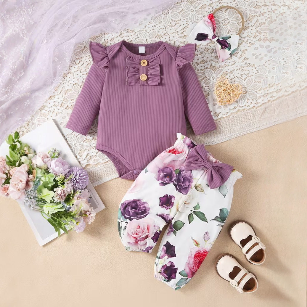 3PCS Sweet Floral Printed Bowknot Long Sleeve Baby Set