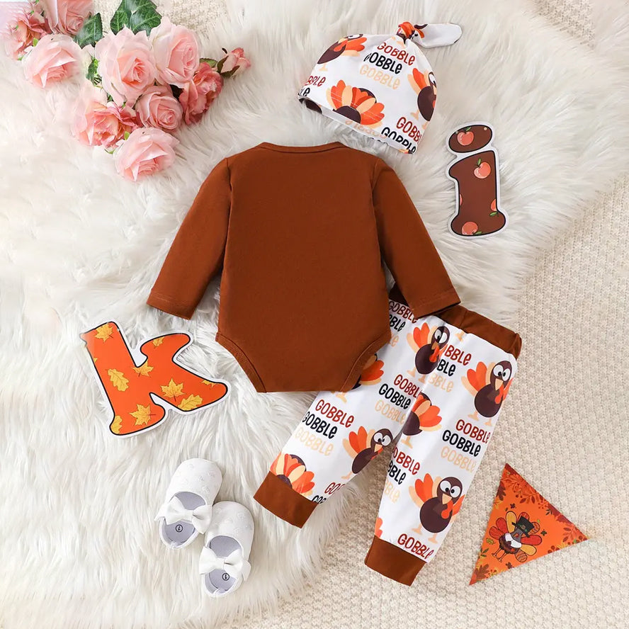 3PCS My 1st Thanksgiving Letter Turkey Printed Long Sleeve Baby Set