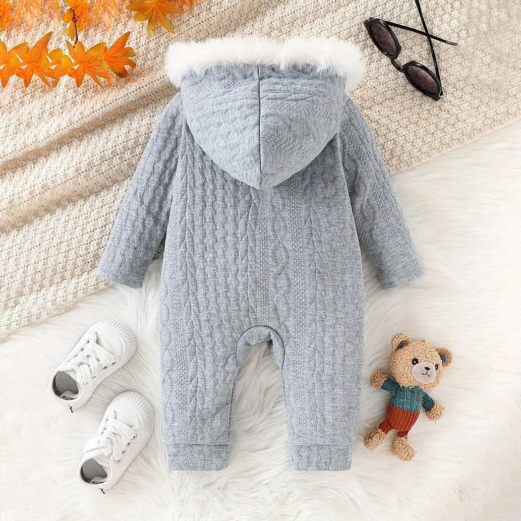 Casual Solid Color Knit Hoodie Long Sleeve Baby Jumpsuit