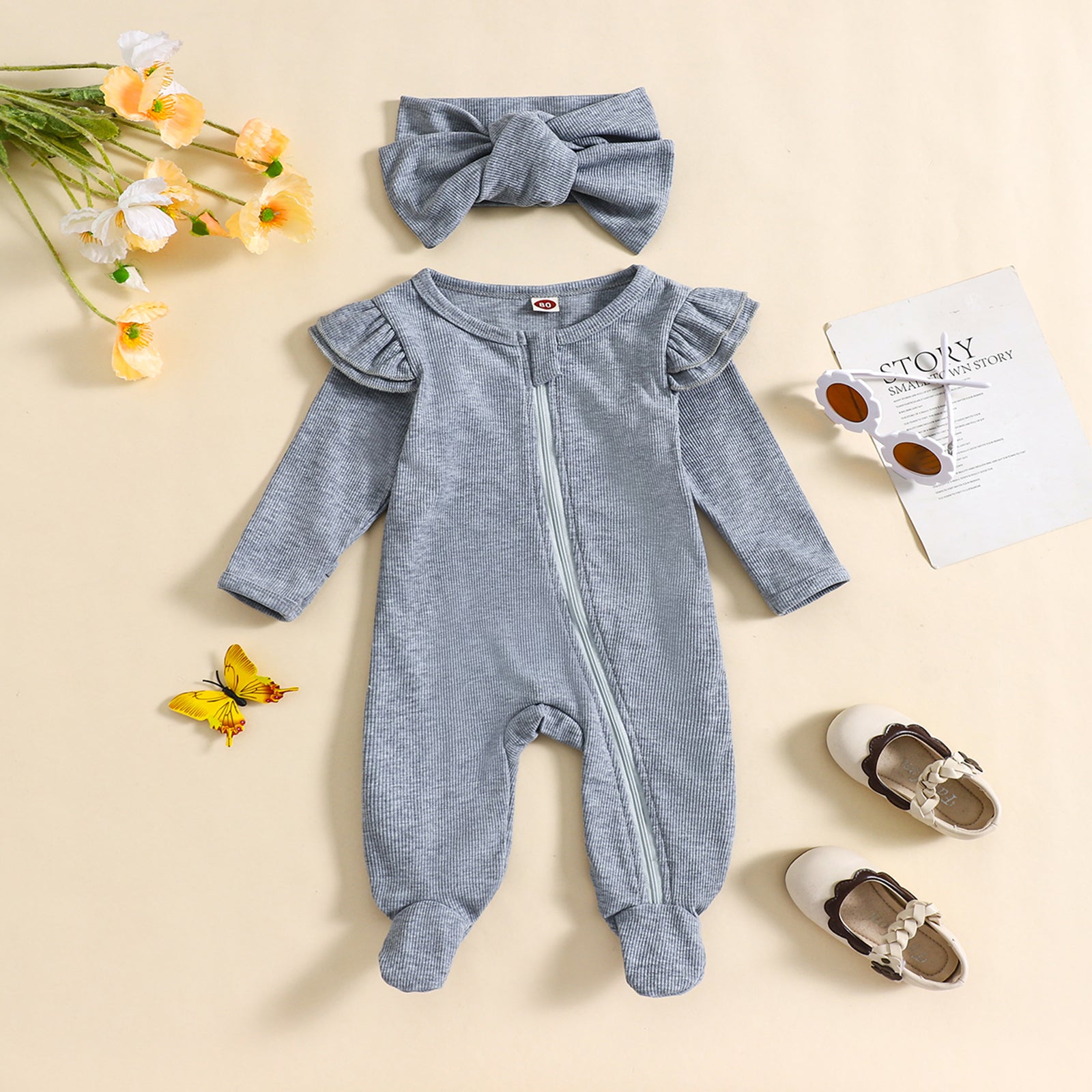 2PCS Delicate Solid Color Long Sleeve Baby Jumpsuit