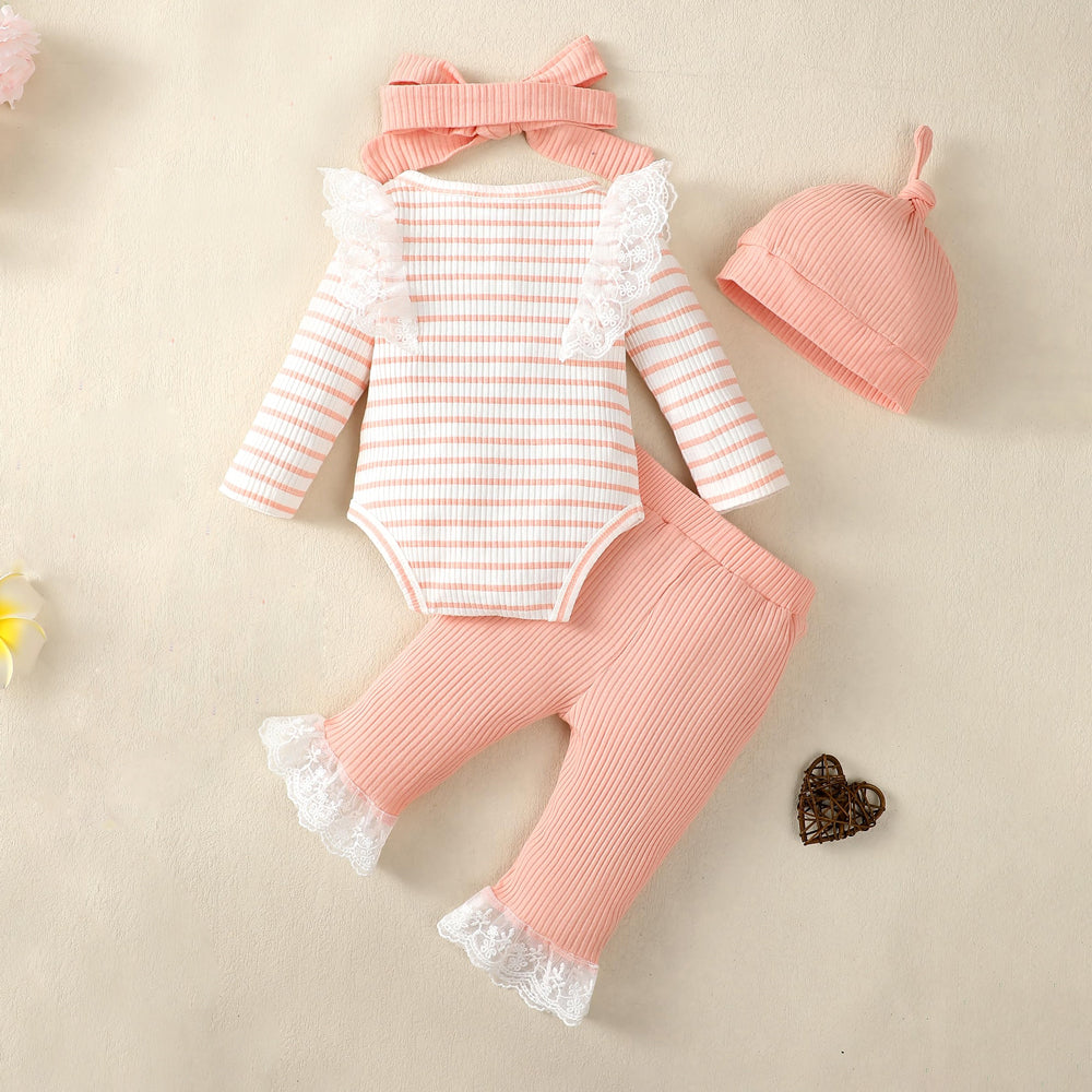 4PCS Stripe Printed Lace Decoration Long Sleeve Baby Girl Set