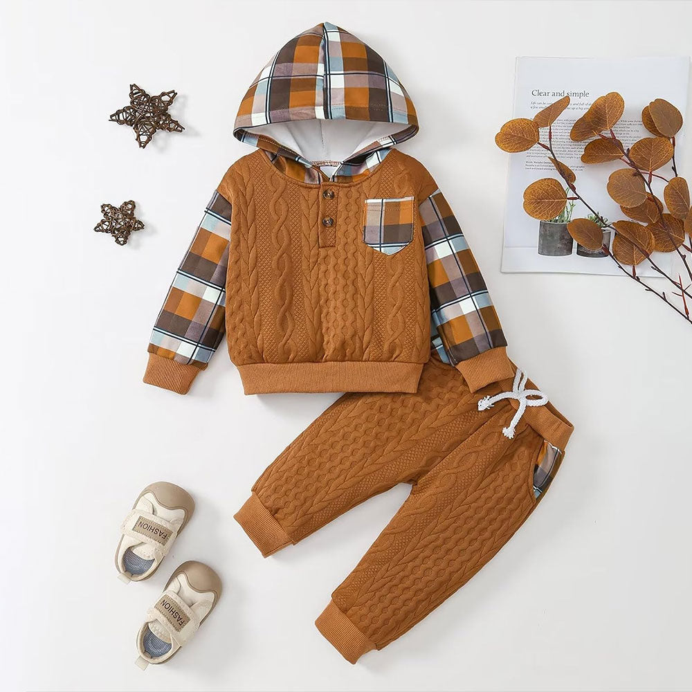 2PCS Stylish Plaid Printed Long Sleeve Cable Knit Hoodie Baby Set