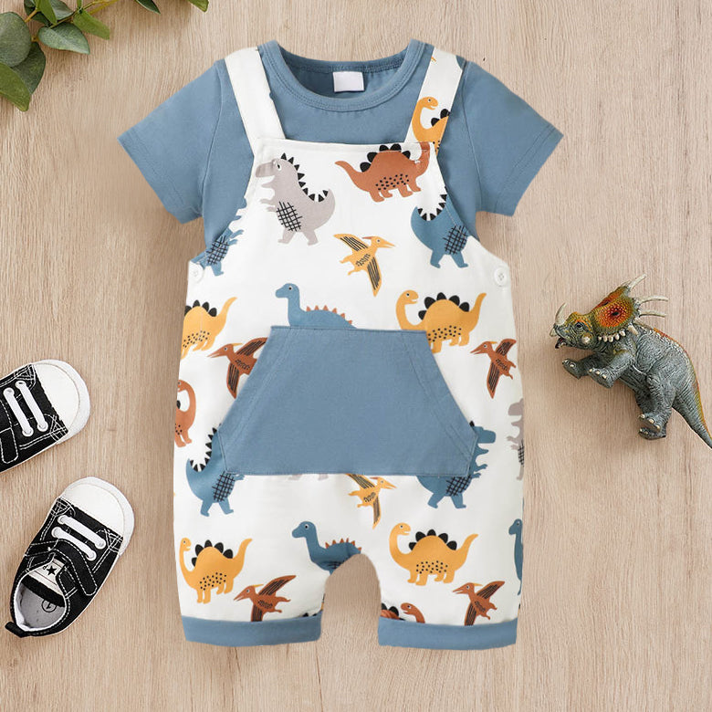 2PCS Solid Color Top Dinosaur Printed Overalls Baby Set