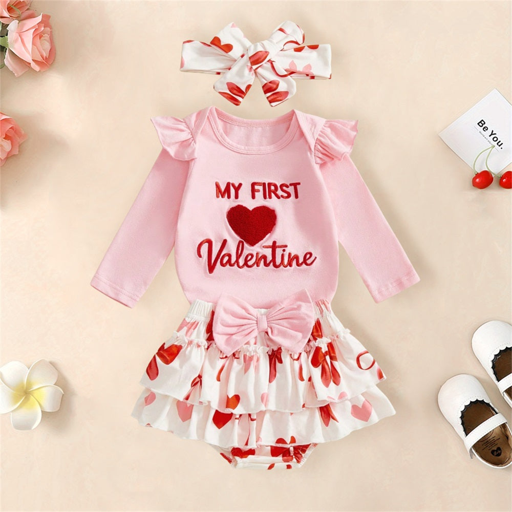 3PCS My First Valentine Letter Embroidery Bow Print Baby Set