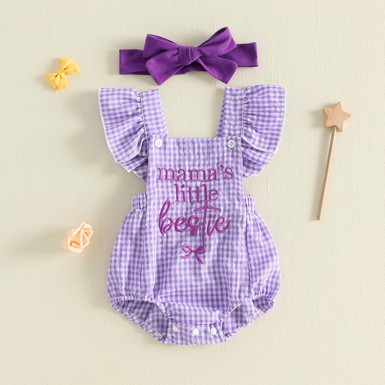 2PCS Mama's Little Bestie Letter Plaid Printed Baby Romper