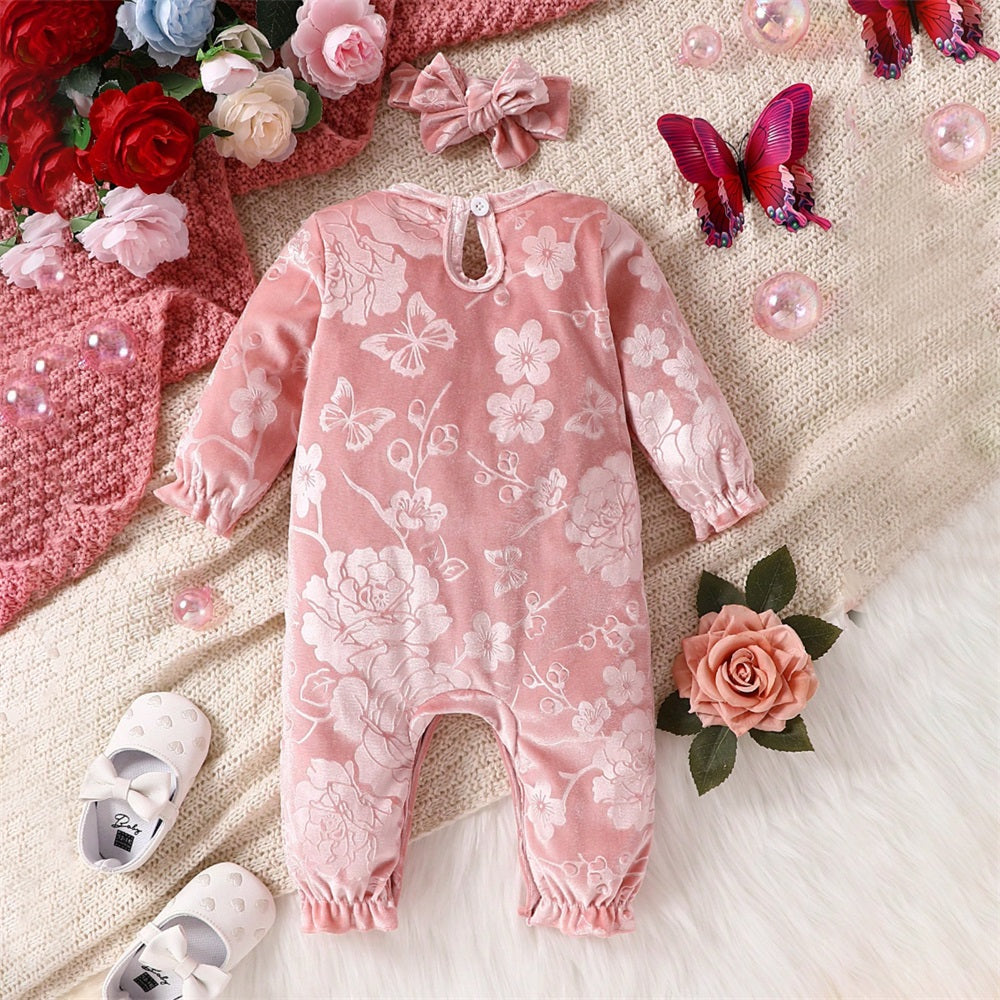 2PCS Floral Jacquard Long Sleeve Baby Jumpsuit