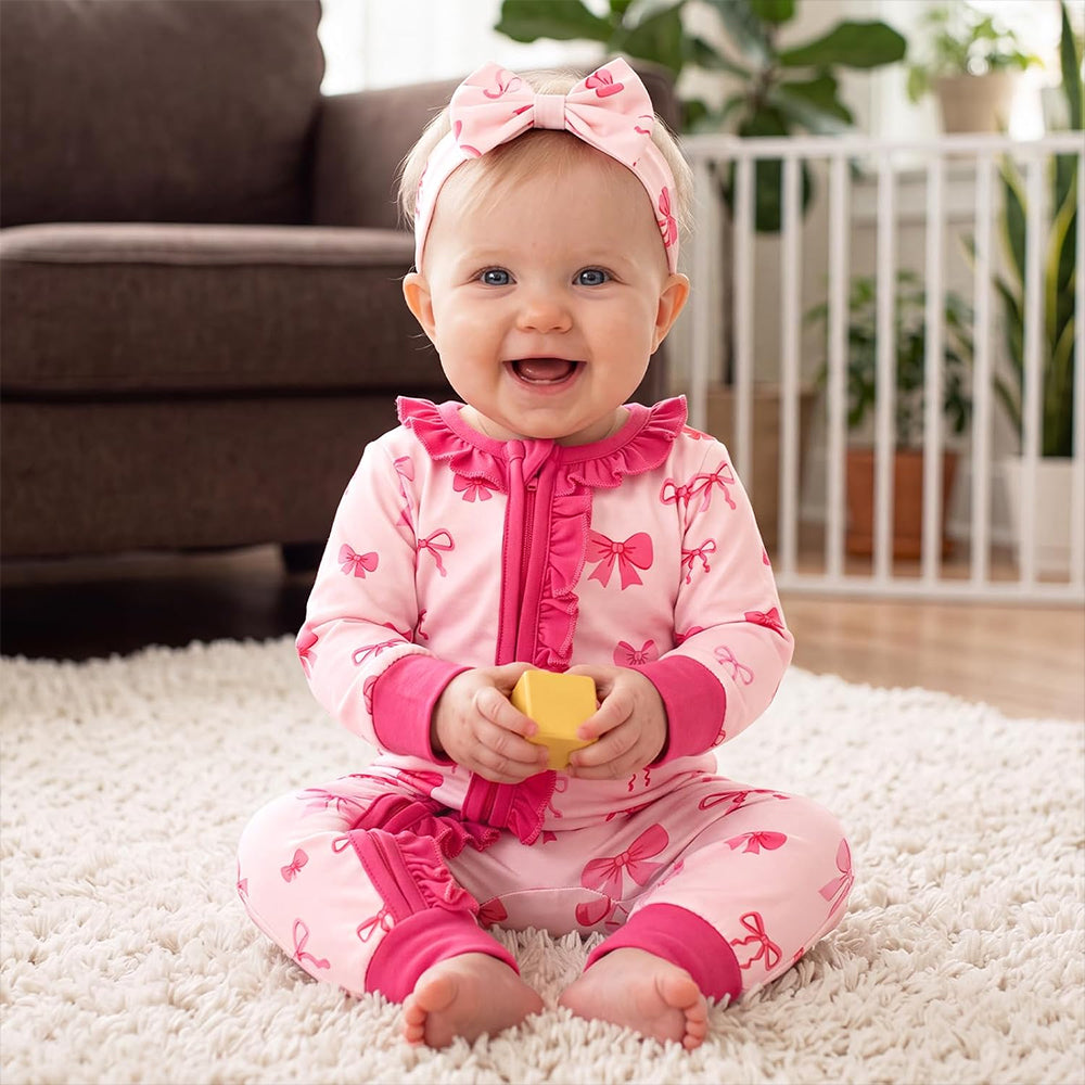 3PCS Pretty Bow Print Ruffle Zipper Long Sleeve Baby Jumpsuit
