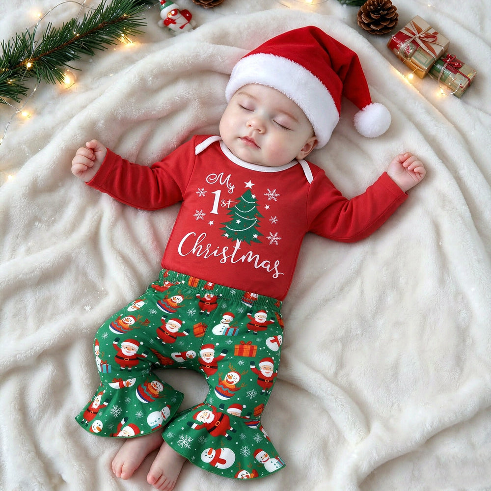 2PCS Sweet My 1st Christmas Letter Holiday Print Baby Girl Set