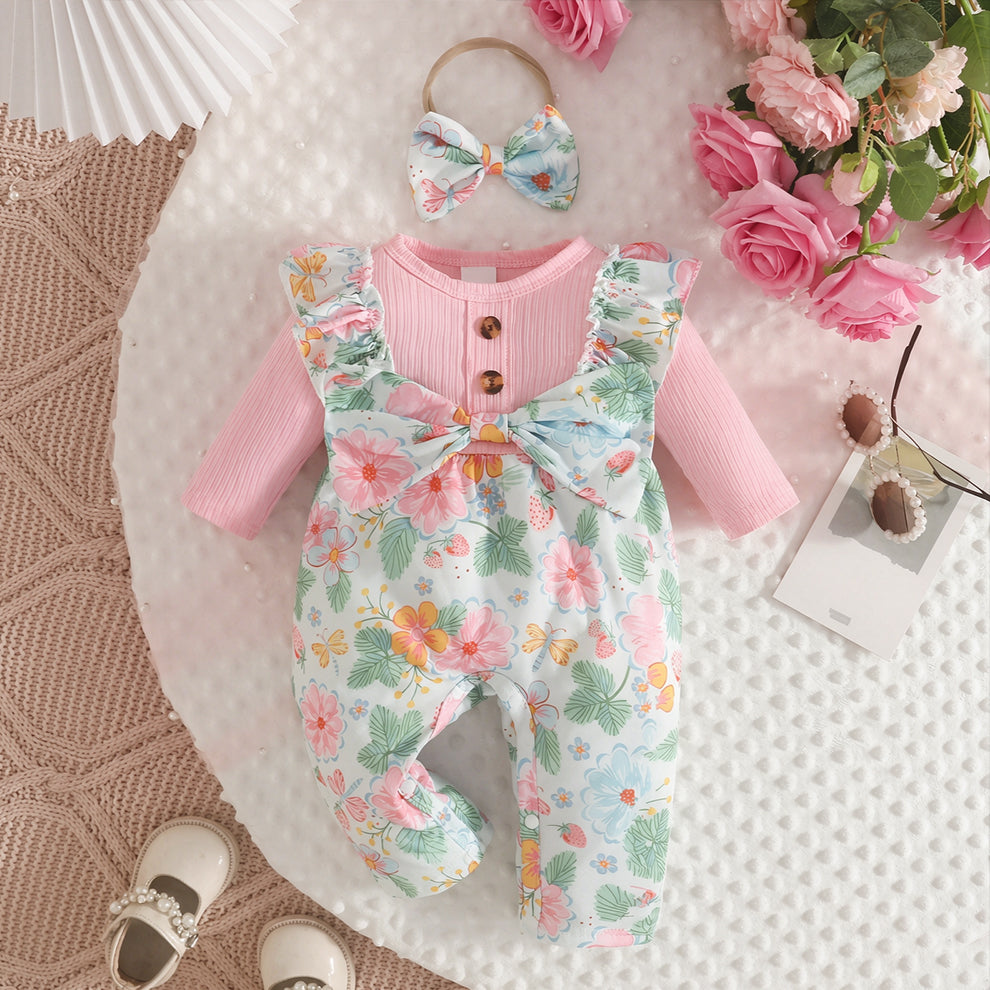 2PCS Whimsical Floral Butterfly Print Ruffle Long Sleeve Baby Girl Jumpsuit