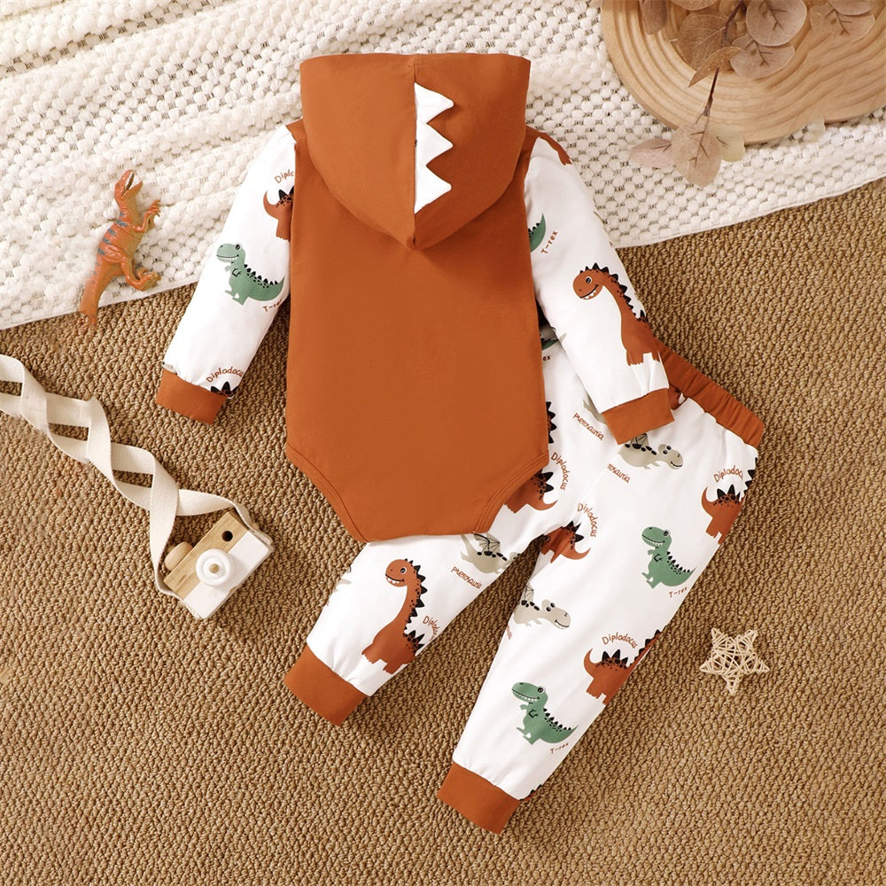 2PCS Casual Dinosaur Print Long Sleeve Baby Hooded Set