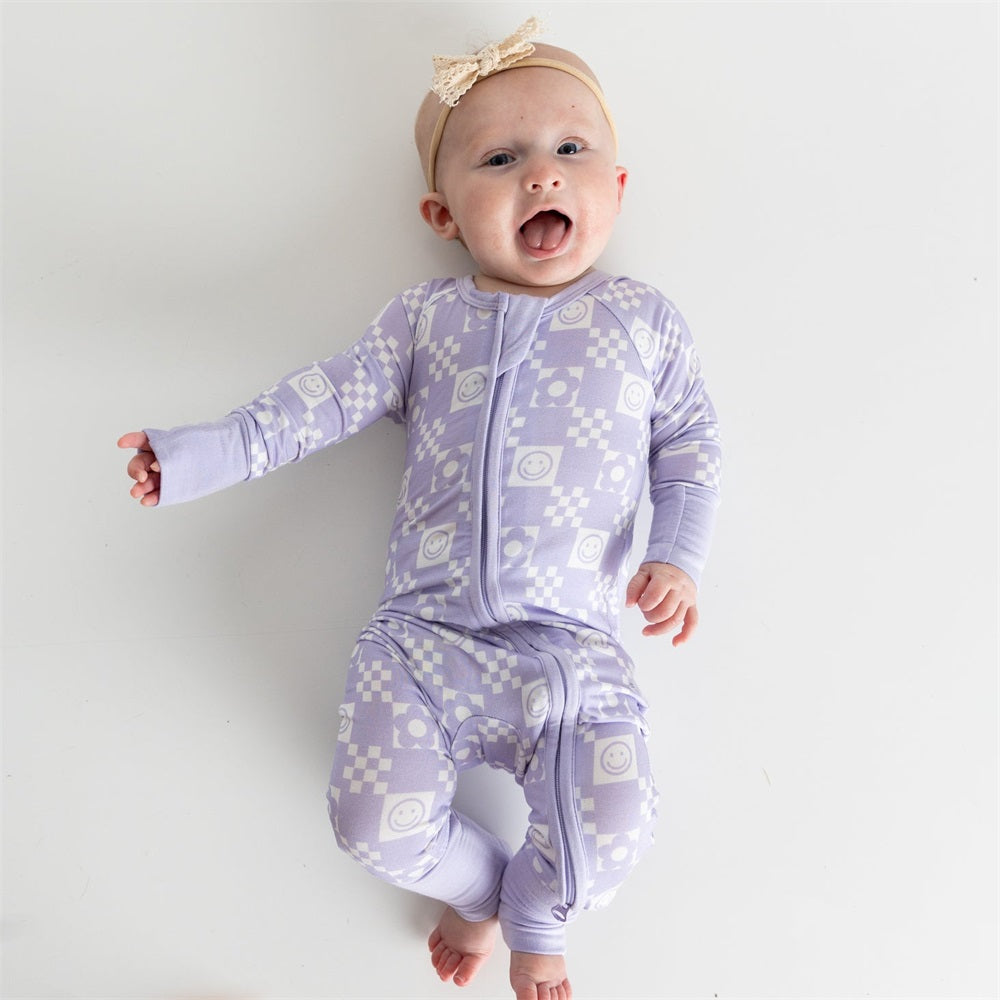 Casual Floral Plaid Print Long Sleeve Zipper Baby Jumpsuit